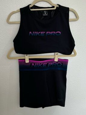 Nike Pro 3 Piece Bundle Mesh Crop Tank & 2 Dri-FIT Compression Shorts